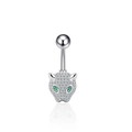 Silver leopard head belly button ring with green eyes and white zircon inlay on white base - Style 21-Green Eye Leopard Head Rhinestone