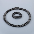 Black stainless steel Cuban link necklace and bracelet set with skull clasp detail - Black Zirconia Set