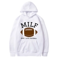 White pullover hoodie with American football graphic and funny MILF letter print - S / Tops / White (MILF Print)