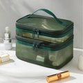 Double layer dark green mesh cosmetic bag with large capacity and portable handle - Double Layer / Olive Green