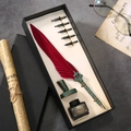 Vintage quill pen set in burgundy with bronze relief metal holder and five nibs - Burgundy