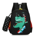 Kids black backpack featuring cartoon dinosaur print and matching star pencil case - Black Skateboard Dinosaur