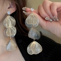 Exaggerated silver tiered fishtail tassel earrings with hollow leaf design and rhinestones - 25# Silver Pin-Silver-Flower