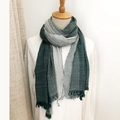Vertical striped linen scarf in dark green and grey gradient with fringe trim - Ink Green