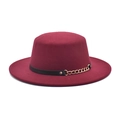 Burgundy flat top wool felt fedora hat with black leather band and gold chain detail - M (56-58cm) / Burgundy