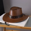 Vintage dark brown faux leather cowboy hat with stitched brim and braided band - Dark Brown / Adult (55-60cm)