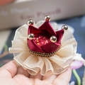 Red satin crown hair clip for girls with gold beads and beige tulle ruffle detail - Burgundy & Beige Patchwork Hair Clip With Box
