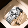 Poedagar men's chronograph watch with silver steel strap and white dial in gift box - Silver Case White Dial Black Ring