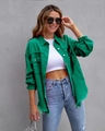 Detail of emerald green denim jacket showing raw fringe edges and button-down front - S / Green