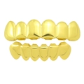 Detailed close-up of shiny gold-plated hip hop grillz set for upper and lower teeth - 12-Piece Set / Top 6 Bottom 6 Gold Set