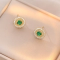 Golden sunflower earrings with green zircon center on champagne silk cushion - Emerald Green Sunflower Style (E0472)