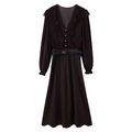 Deep coffee V-neck midi dress with ruffle trim and black belt on white background - XS / Coffee