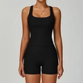 Three-piece black ribbed yoga set with square neck and high-waist compression leggings - S / Vest + Shorts / Premium Black