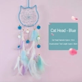 Acchiappasogni blu a forma di gatto con piume e perle per camera dei bambini, 65 cm - Testa di Gatto - Finito / Senza Luci / Blu