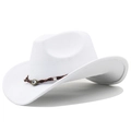 Detailed shot of white felt cowboy hat with braided leather band and evil eye bead - White