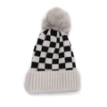 Kinder Strickmütze im Karomuster mit grauem Kunstpelz-Bommel für den Winter - 50-52CM / Beige