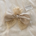 Elegant champagne satin bow hair claw clip with delicate mesh and white pearl details - Beige Pearl Bow Hair Ring