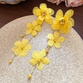 Elegant handmade yellow fabric flower drop earrings perfect for seaside vacation style - Bright Yellow Fabric Floral Tassel Style (39#银针) / Yellow