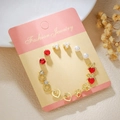 Titanium steel stud earrings set featuring pearl, heart, and red rhinestone designs - Gold Red Rhinestone Heart (E1891-1)
