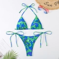 Green and blue contrast tie-up bikini set with summer hat and sunglasses flat lay - S / Green