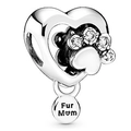Silver heart bead charm with paw print crystals and Fur Mom engraved pendant - Fur Mom Paw Heart (029)