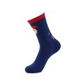 Detail view of navy blue Christmas socks featuring Santa Claus and tree embroidery - Navy Santa Head