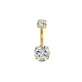 Golden stainless steel belly button ring with two clear round cubic zirconia stones - Gold Top and Bottom Round
