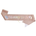Rose gold glitter Mommy To Be sash with rainbow text and pin for baby shower party - Rose Gold Rainbow Mommy To Be Sash