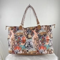 Western canvas weekender bag with cowgirl and cactus prints and brown leather trim - Western Yak Print