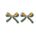 Detailed macro view of golden bow earrings with premium blue enamel oil filling finish - Lake Blue