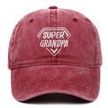 Close-up of white SUPER GRANDPA embroidery on burgundy washed cotton baseball cap - Adjustable / Burgundy