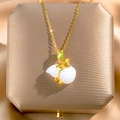 Elegant gold-plated titanium necklace with white gourd pendant and green gemstone accent - Gourd Pendant