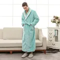 Thick flannel men bathrobe in green featuring a contrast white collar and waist belt tie - Pea Green [Male]