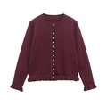Burgundy round neck knit cardigan with elegant tiered ruffles and white buttons detail - S / Dark Red