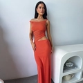 Slim fit one shoulder cut-out orange mesh dress with twist knot detail and long skirt - XS / Orange