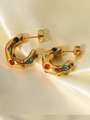 Golden C-shaped stainless steel earrings with vibrant multi-colored inlaid zircons - C-Shaped Colorful Zircon Gold (MS-59)