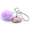 Fashionable mini leather pouch keychain and purple fluffy pompom set for women handbag - Purple
