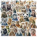 Flat lay of artistic waterproof stickers featuring animals in vintage suits and glasses - Half-body Illustration Animals (WES149) / 50 Sheets