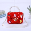 Red mini jelly handbag with pearl handle, heart lock and cute cartoon charms - Red (With Random DIY Patches)