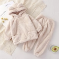 Plush beige toddler loungewear set with cute bear ears and thermal fleece texture - Off White / 80cm