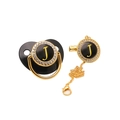 Detail of black pacifier and gold chain clip with rhinestone letter J and metallic shine - Letter J
