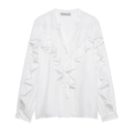 Elegant white long sleeve V-neck shirt with ruffle trim and button front for women - XS / White