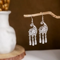 Artistic detail of silver hollow earrings with three delicate teardrop tassels on a branch - Silver Hollow Drop Tassel Style 2(E2875-12)