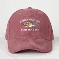 Detail of the embroidery on a pink corduroy baseball cap with fish and slogan - One Size / Dusky Pink