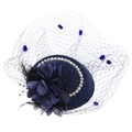 Elegant navy blue fascinator hat with felt base, mesh veil, feathers and pearls - Navy Blue