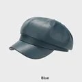 Deep blue PU leather newsboy cap with classic textured finish and octagonal crown - One Size (54-58cm) / Blue