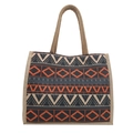 Ethnic bohemian jute tote bag featuring orange and black geometric patterns and twin handles - Style 5