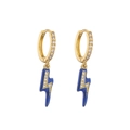 Close-up of gold lightning earrings with blue enamel and micro-pave cubic zirconia - Dark Blue Lightning