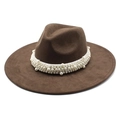 Cappello fedora in feltro marrone scuro a tesa larga con file di perle decorative - M(56-59CM) / Marrone (Camoscio)