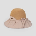 Detail of summer straw sun hat featuring a color-block brim and decorative bow with metal tag - M(56-58cm) / Khaki